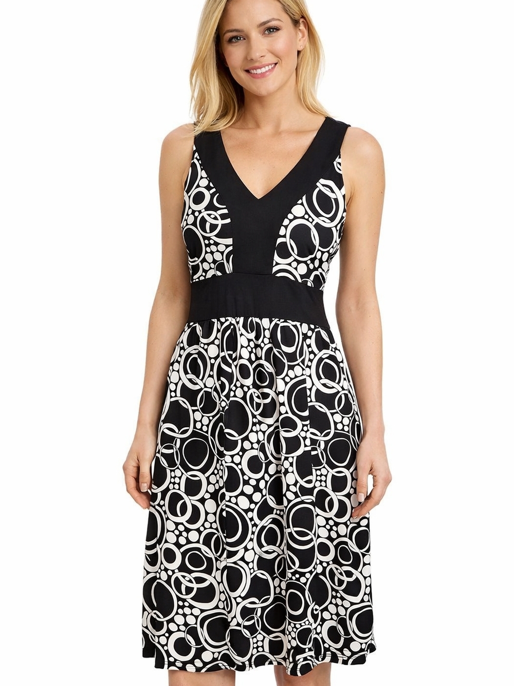 WD.NY Black & White Sleeveless V-Neck Printed Midi Dress